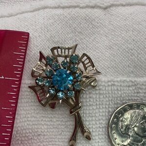 Bright Blue Floral Rhinestones Brooch Pin 1950’s